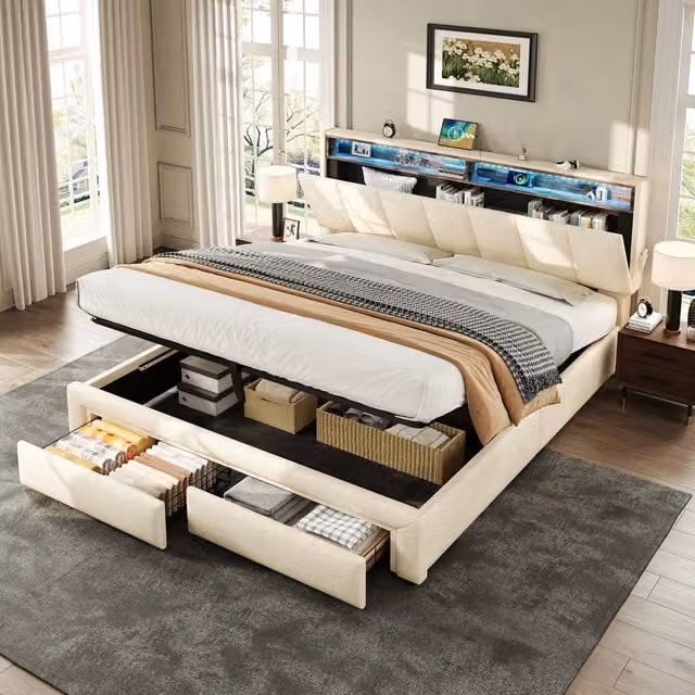 BTM Upholstered Storage Bed in Beige with Hydraulic Lift-Up Base, LED Headboard, Reading Light and USB Charging Port, 160 x 200 cm – 1