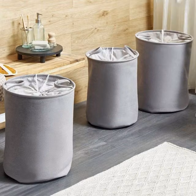 Wyld and Coco Grey Round Drawstring Storage Baskets, Set of 3, Cotton Fabric – 1
