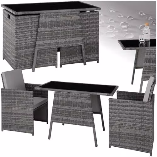 tectake Rattan Bistro Set in Grey with 2 Chairs and 1 Table featuring Glass Top and Removable Cushions