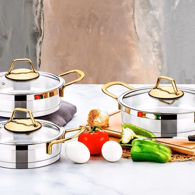 Evimsaray Luna Series 6-Piece Stainless Steel Saute Pan Set with Glass Lids and Gold Handles, Silver