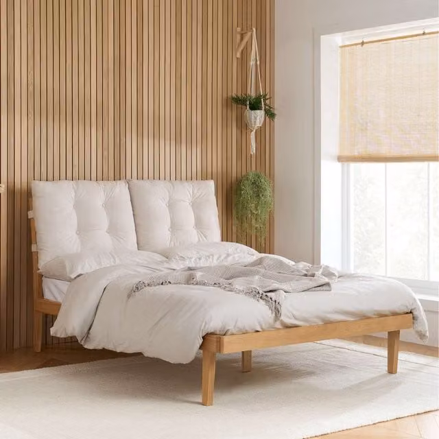 Birlea Pepe Upholstered Double Bed Frame in White Fabric with Oak Details, 135cm x 200cm