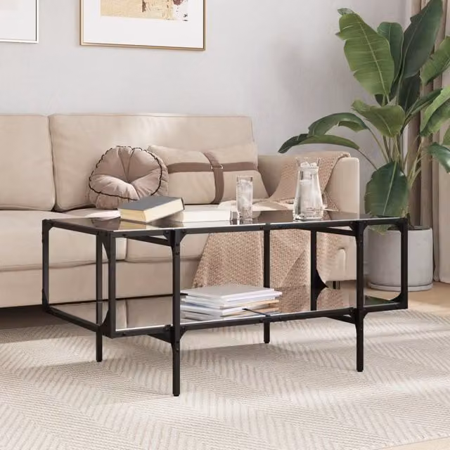Berkfield Home Modern Rectangular Coffee Table with Black Glossy Glass Top and Steel Frame, W: 98.5 cm, D: 50 cm, H: 45 cm