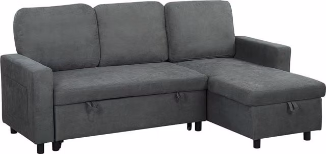 HOMCOM 3 Seater Pull Out Sofa Bed with Reversible Chaise, Storage and Side Pockets, Charcoal Grey Linen-look Upholstery – 1