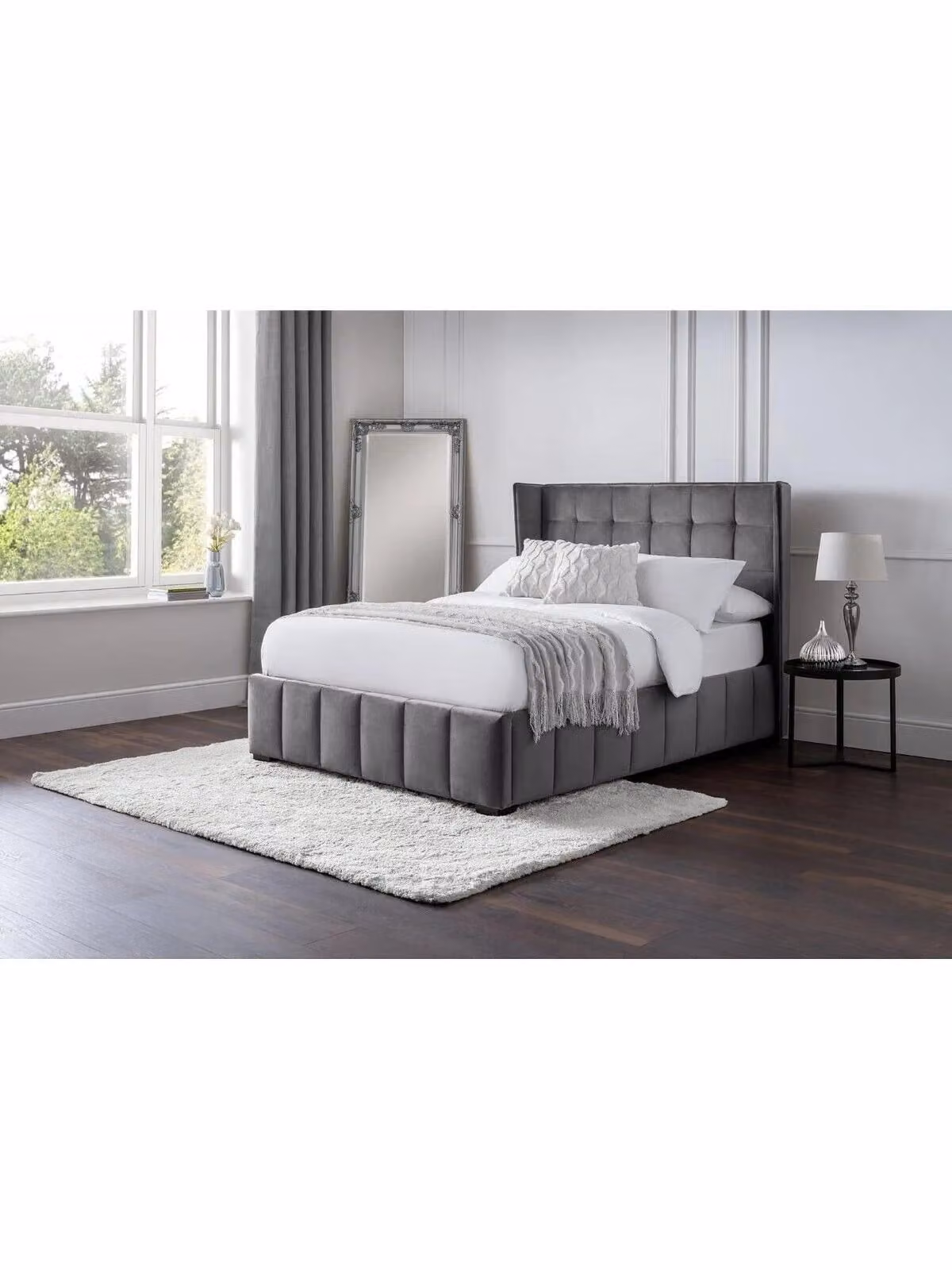 Julian Bowen Gatsby Upholstered Velvet King Bed in Grey, H 128 cm x W 180 cm x D 215 cm