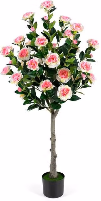 Costway Artificial Camellia Tree Faux Greenery Plant in Green and Pink – 1