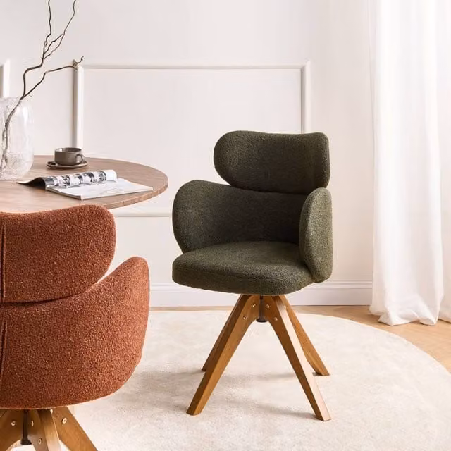 Wyld and Coco Nordique Swivel Dining Chair in Dark Green Bouclé Fabric with Oak Wood Details
