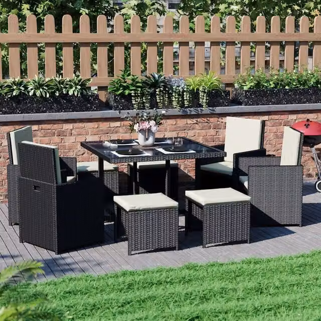 Vida Designs Cuba 8 Seater Rattan Dining Set with Glass Top, Black