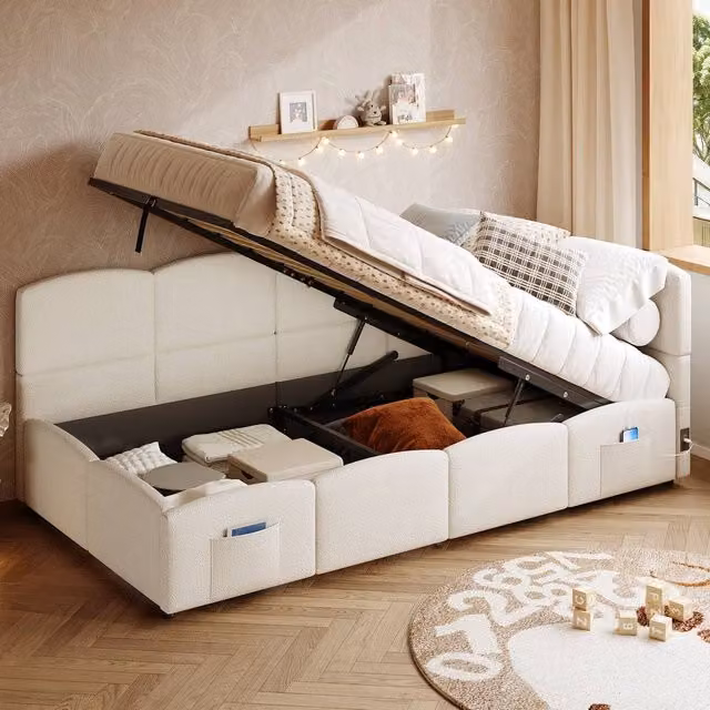 ModernLuxe Boucle Single Sofa Bed with Hydraulic Storage and L-Shaped Headboard in Beige