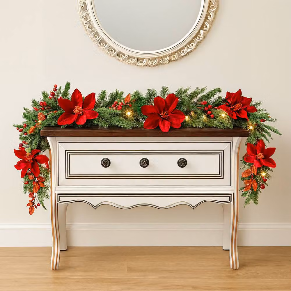 Marco Paul Pre-Lit Christmas Garland with Red Magnolia and Greenery, W: 270 cm, D: 35 cm – 10