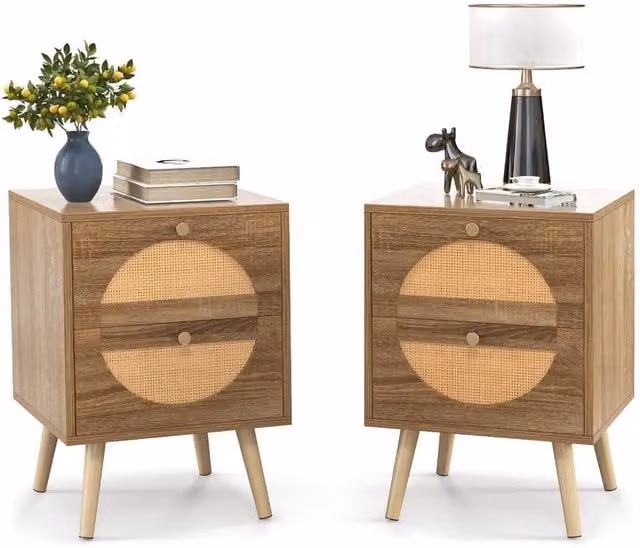 Costway Set of 2 Bohemian Style Rattan Nightstands with 2 Drawers in Brown