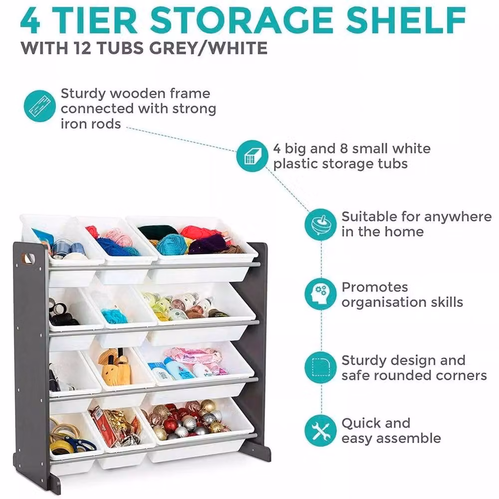 Havendro 4-Tier Kids Toy Storage Unit with 12 Boxes and Drawers, Multicolour – 3
