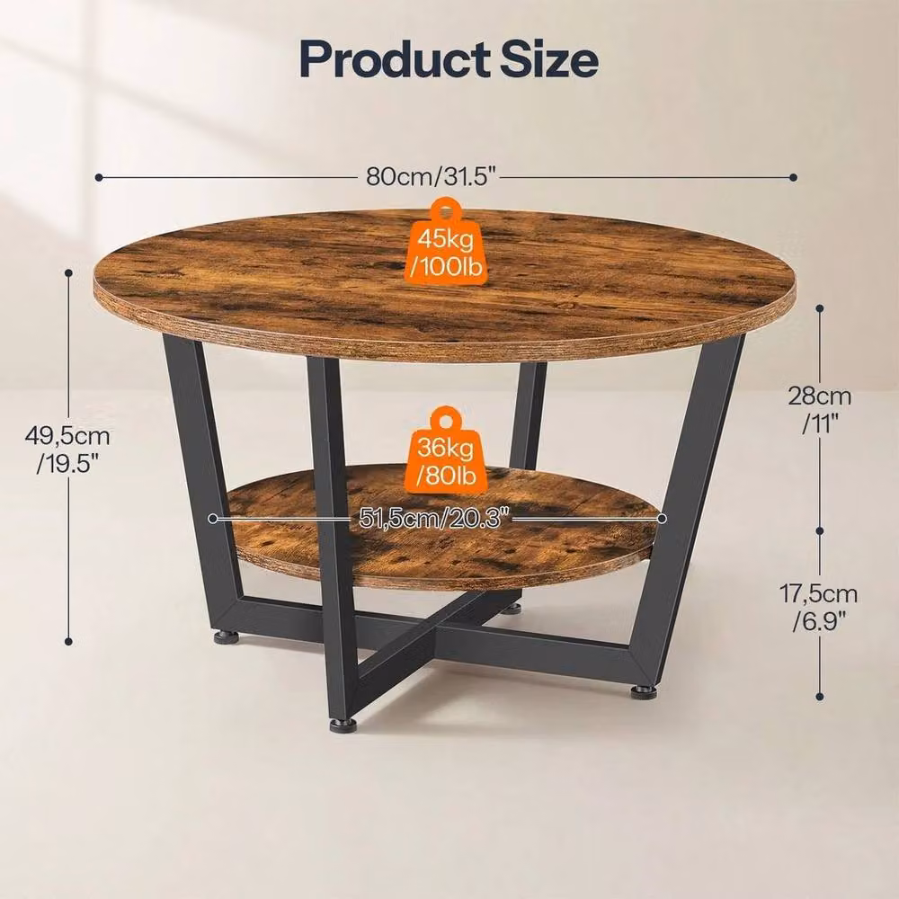 FLAVORA Round Industrial Coffee Side Table in Brown with X-Frame and Wood Serving Tiers – 3