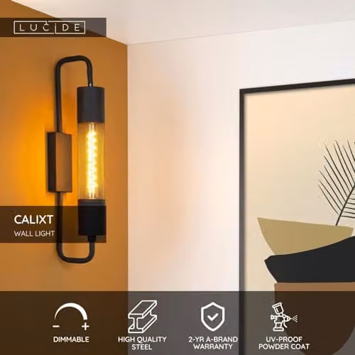 Lucide Calixt Modern Dimmable Metal Wall Light in Black with Transparent Cylinder – 2
