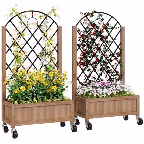 Outsunny Wooden Raised Garden Bed with Metal Trellis for Climbers, Pack of 2, Brown – 1