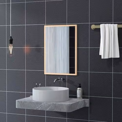 HOMCOM Rectangular Wall Mounted Glass Vanity Mirror in Beige and Brown – 3