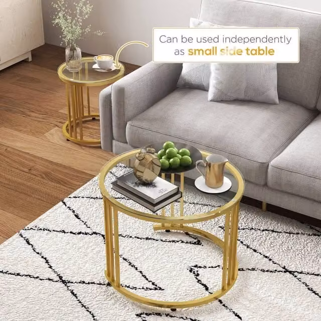 STILVORA Set of 2 Art Deco Nesting Coffee Tables with Gold Metal Sled Base and Round Glass Tops – 1