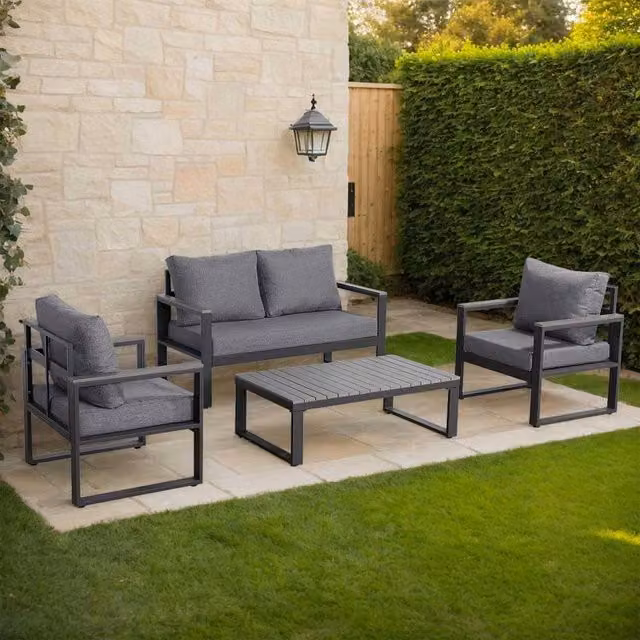 Furnishings For Less UK 4 Seater Aluminium Garden Sofa Set with Coffee Table and Grey Cushions – 1