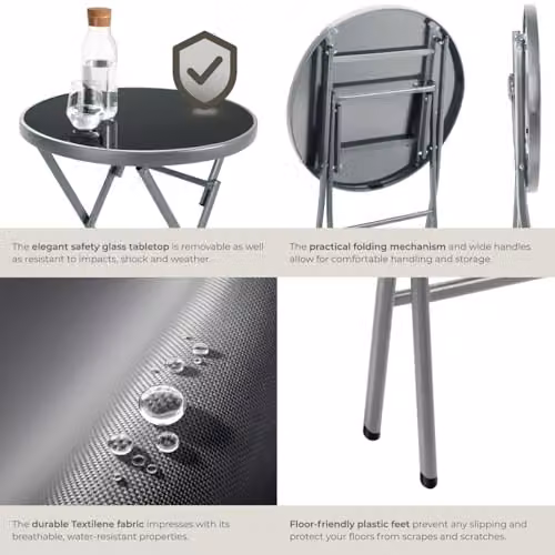 tectake Garden Bistro Set with Glass Top Table and 3 Chairs in Grey – 6