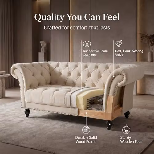 Bravich LTD 3 Piece Chesterfield Velvet Sofa Set in Cream and Beige – 4