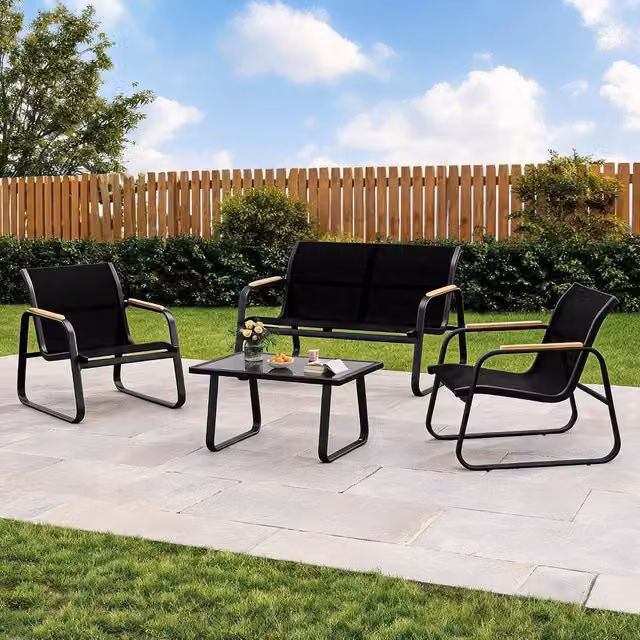 London Boutique 4-Piece Black Garden Furniture Set with Coffee Table, 2 Armchairs and Loveseat