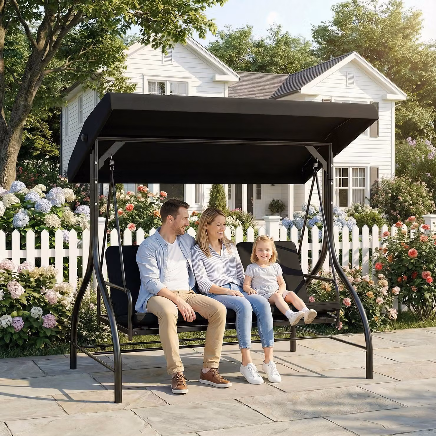 Outsunny 3 Seater Canopy Swing Chair and Convertible Garden Swing Bed in Black with Metal Frame and Cushions – 2