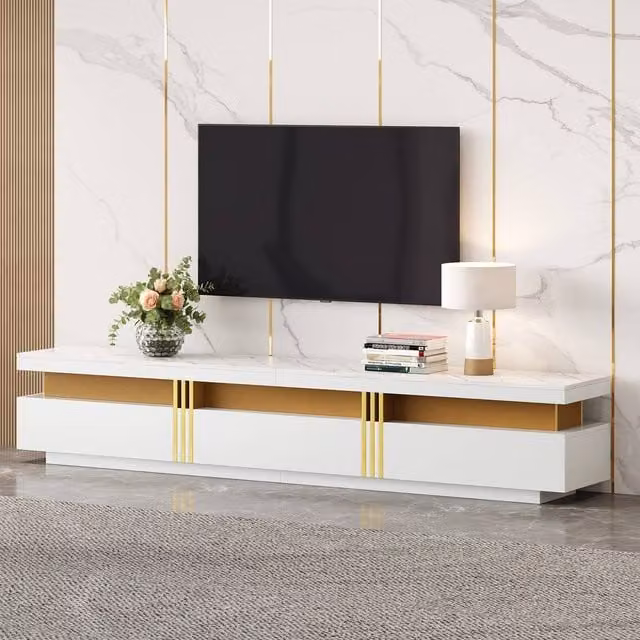 Merax Modern White and Gold TV Stand with Media Compartments, W: 200 cm, D: 40 cm, H: 42 cm – 1
