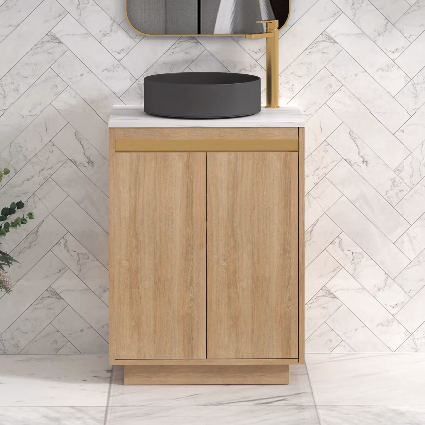 Royal Bathrooms Orion 600mm Natural Oak Floor Standing Countertop Vanity Unit with 2 Soft Close Doors and Art Round Basin with Brushed Brass Accent Trim