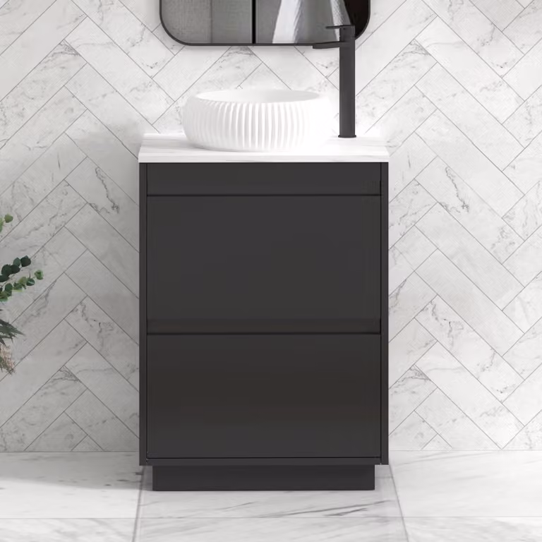 Royal Bathrooms Orion 600mm Matt Obsidian Black Floor Standing Vanity Unit with Milan Basin and Black Accent Trim