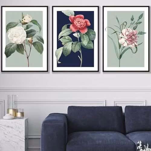 ARTZE Set of 3 Vintage Floral Botanical Wall Art Paper Posters in Green, Blue and Multicolour, W: 42 cm, H: 59 cm – 1