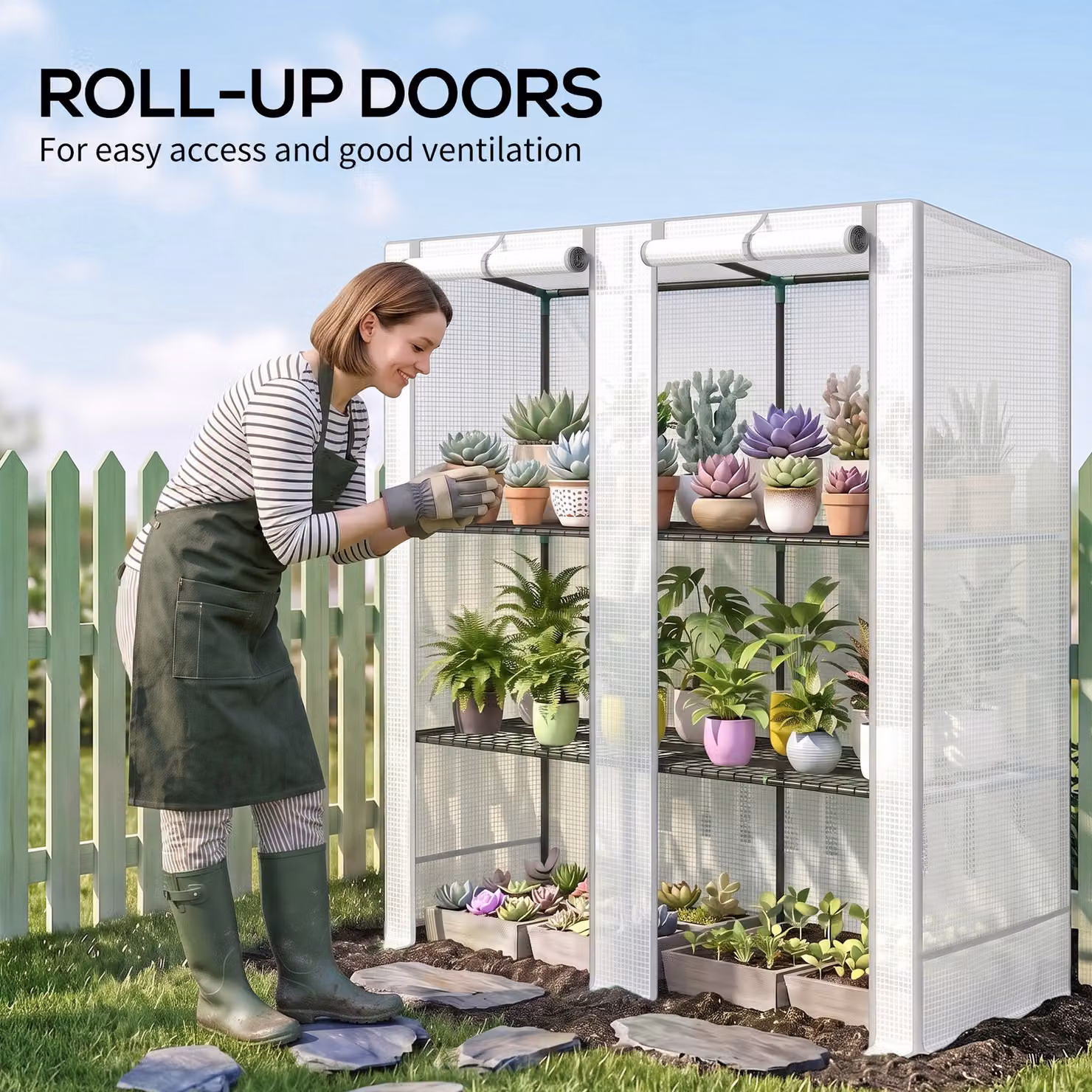 Outsunny Three-Tier Mini Greenhouse in White with Steel Frame and Plastic Shelving – 5
