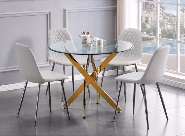 FurnitureboxUK Novara White Square Glass Dining Table with Four Corona Silver Dining Chairs