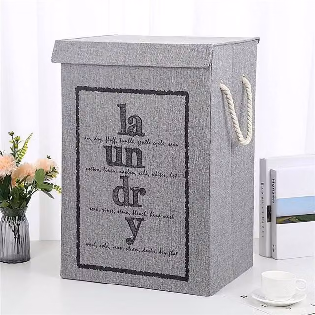 PAWNORA Folding Fabric Laundry Basket Hamper with Lid and Handles, Grey, H: 85 cm, W: 60 cm, D: 40 cm