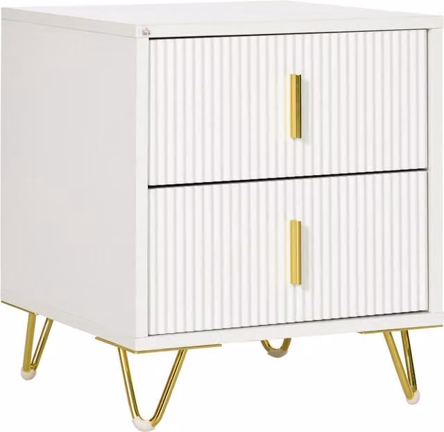 HOMCOM Modern Bedside Table with 2 Drawers and Metal Frame in White and Gold