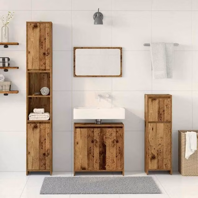 Berkfield Home 4 Piece Rustic Brown Bathroom Furniture Set with Vanity Unit, Mirror Cabinet, Wall Cabinet and Tall Cabinet – 1