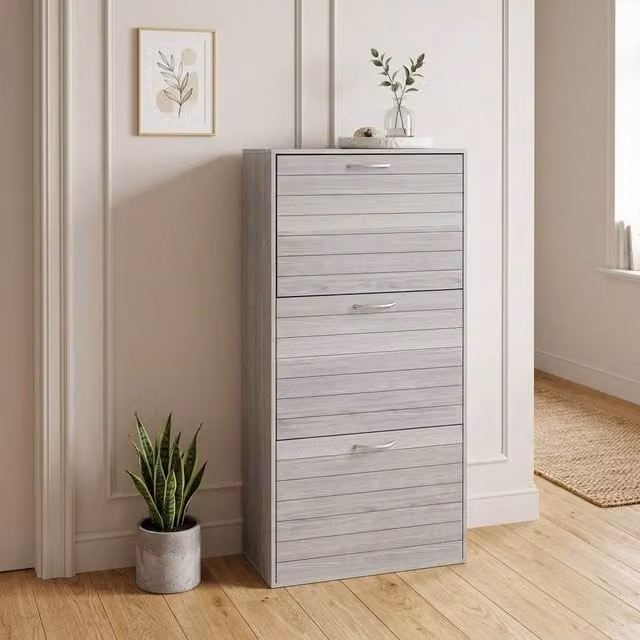 STILVORA Modern Grey Shoe Cabinet with 3 Tilting Compartments, W/D/H: 57 x 23.5 x 116 cm