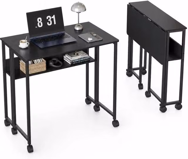 Nordara Black Folding Computer Desk with Storage Shelf and Lockable Castors – 1
