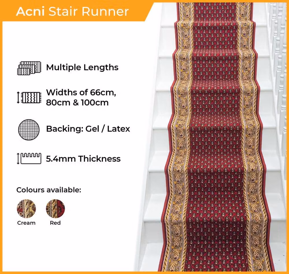 runrug Acni Stair Runner Carpet, Red, W: 66 cm, L: 540 cm – 2