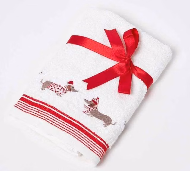 Homescapes White 100% Cotton Christmas Hand Towel with Red Dachshund Embroidery