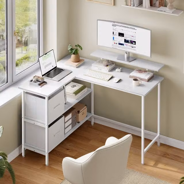 SONGMICS Modern L-Shaped Corner Computer Desk in White with Dual Pedestal Drawers