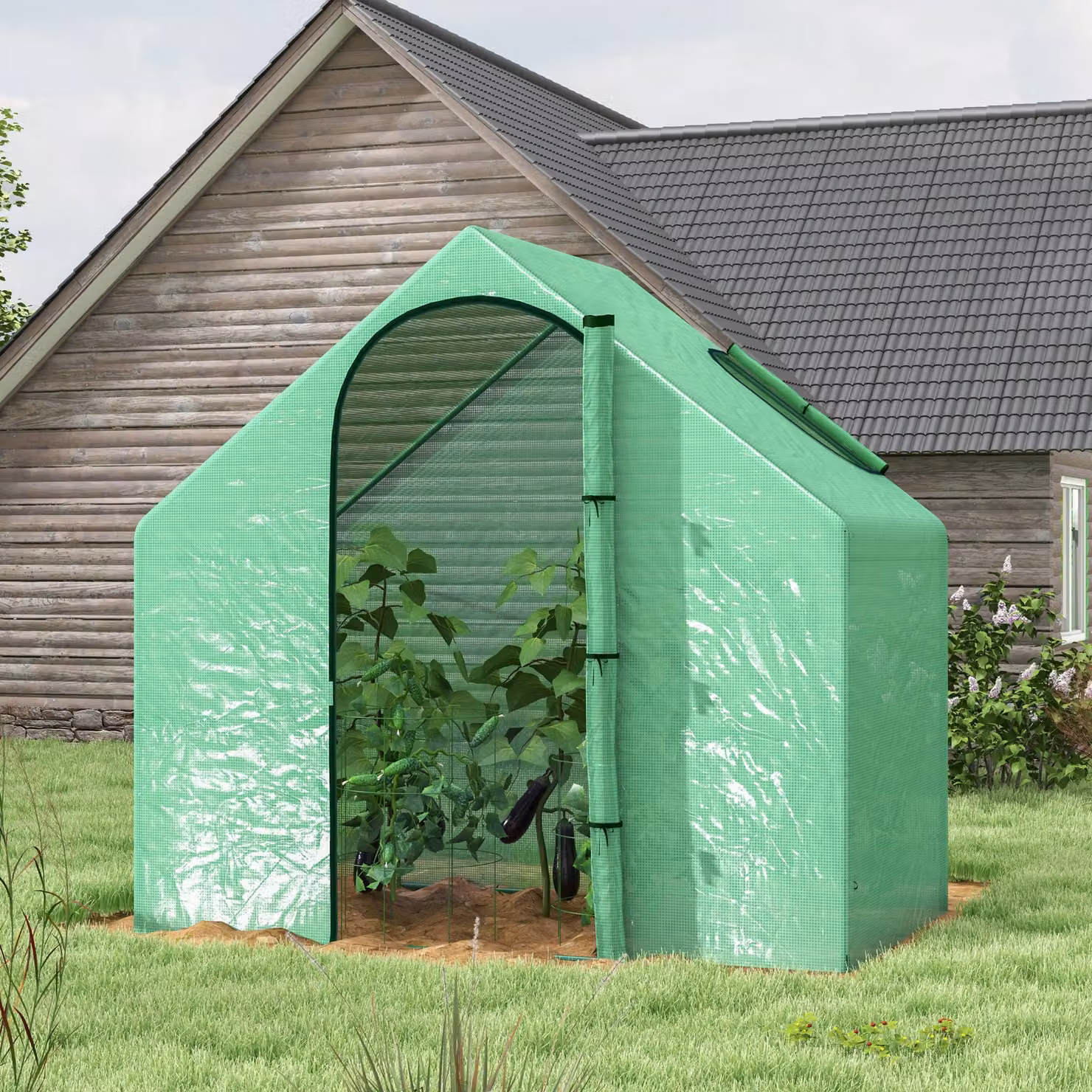 Outsunny Walk In Greenhouse Garden Grow House with Roll Up Door and Window, Green, W/D/H: 180 x 100 x 168 cm – 2