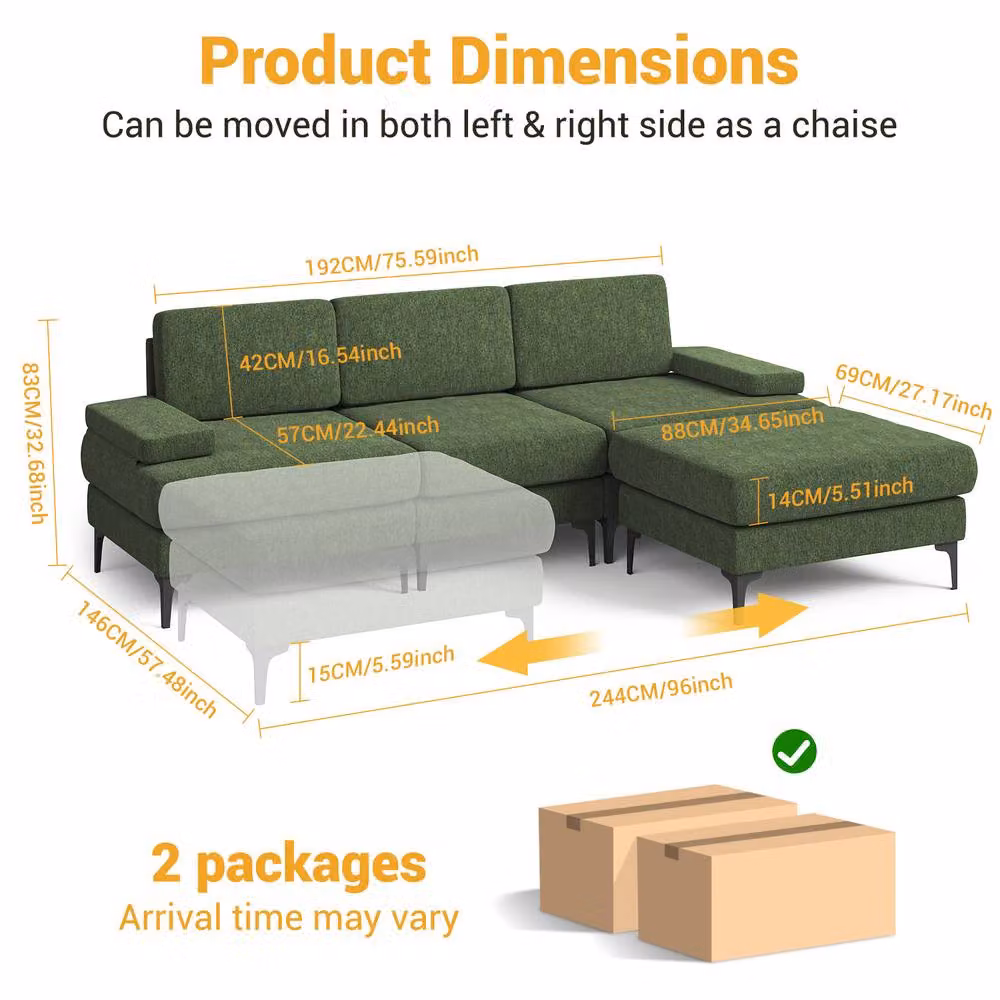 Dprodo 2-Pack Green Chenille L-Shape Corner Sofa Set, 4 Seater Modern Upholstered Couch – 2