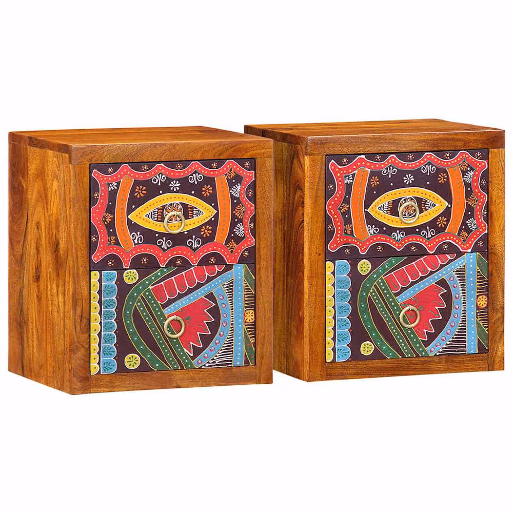 Berkfield Home Set of 2 Solid Acacia Wood Geometric Bedside Cabinets, Multicolour, W/D/H: 35 x 30 x 40 cm – 2