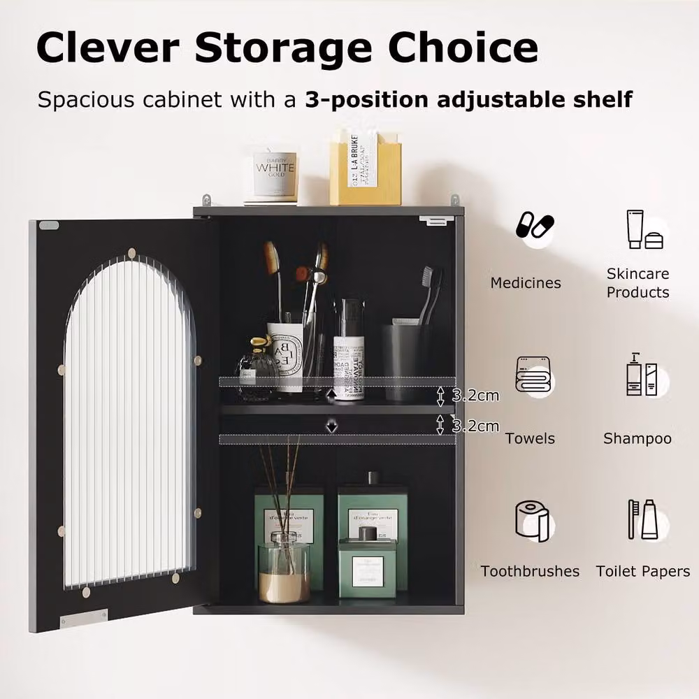 Costway Modern Black Wooden Wall Mounted Bathroom Medicine Cabinet with Glass Doors and Internal Shelves – 5