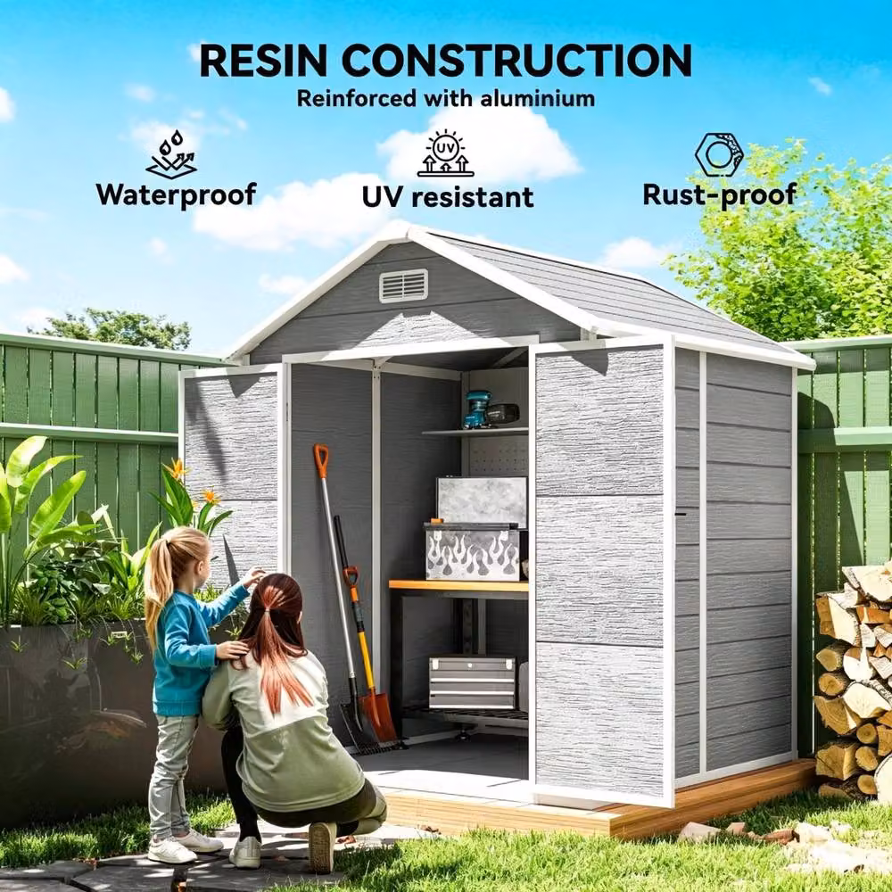 STILVORA Grey Garden Shed with Floor, Window and Lockable Double Doors W: 182 cm, D: 151 cm, H: 219 cm – 4