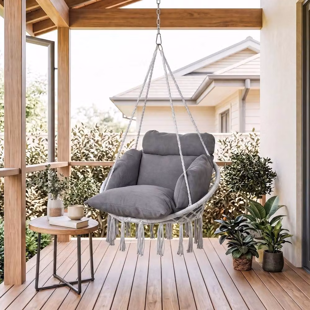 PAWNORA Grey Hanging Swing Chair with Weatherproof Cushion for Outdoor and Garden Use – 3