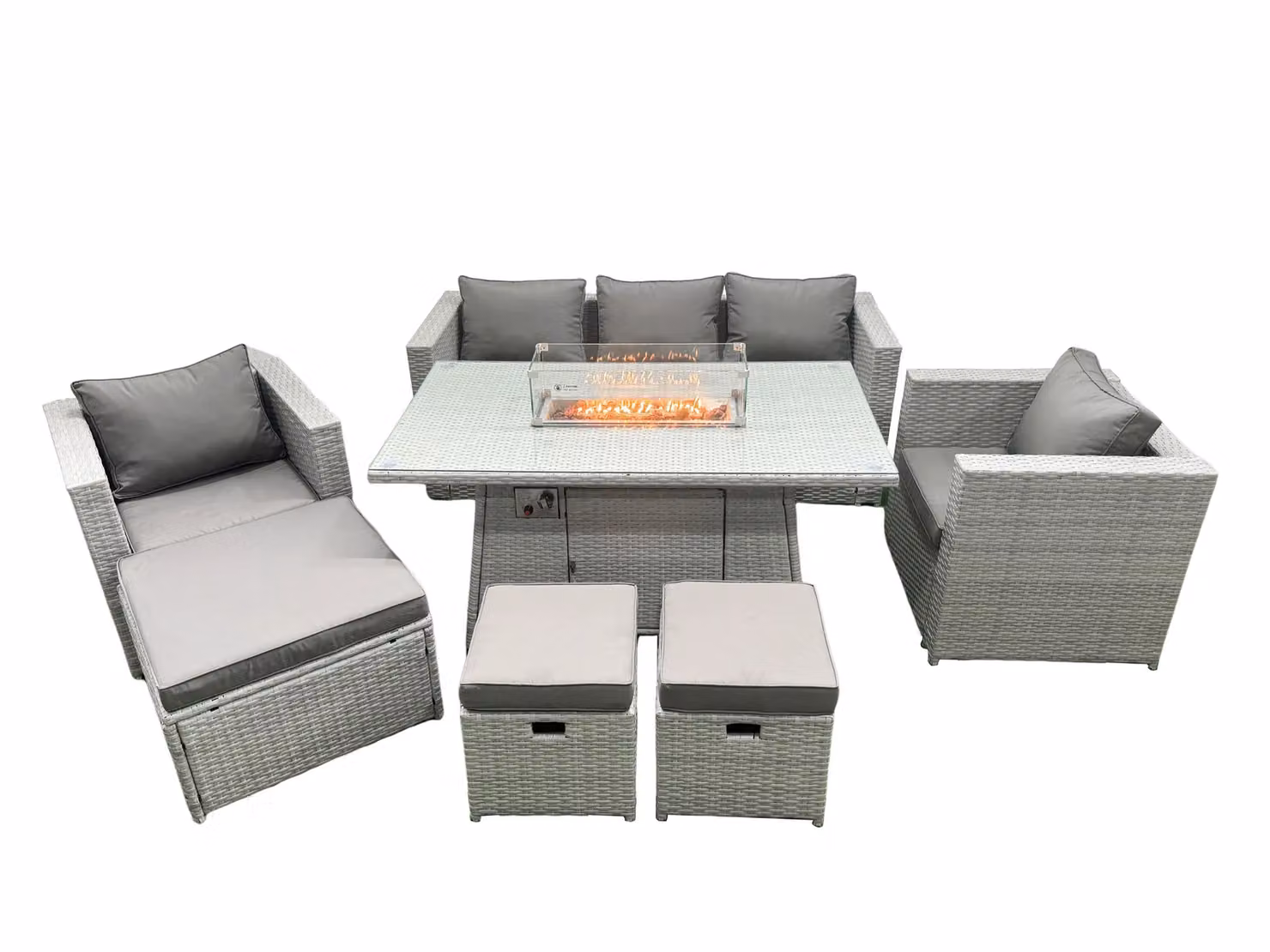 Fimous Rattan Garden Furniture Set with Gas Fire Pit, 3-Seater Sofa, Coffee Table and Ottoman in Light Grey – 2