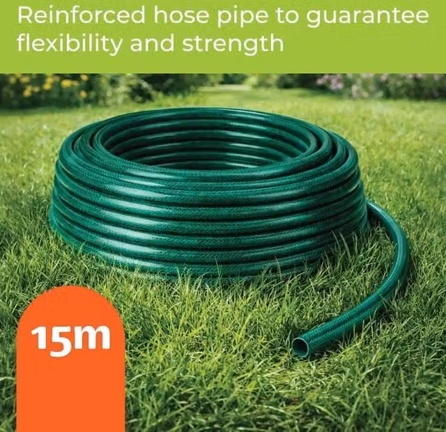 NESTLUNE Reinforced Garden Hose Pipe Kit with Tap Connector and Sprayer, Green, 15m