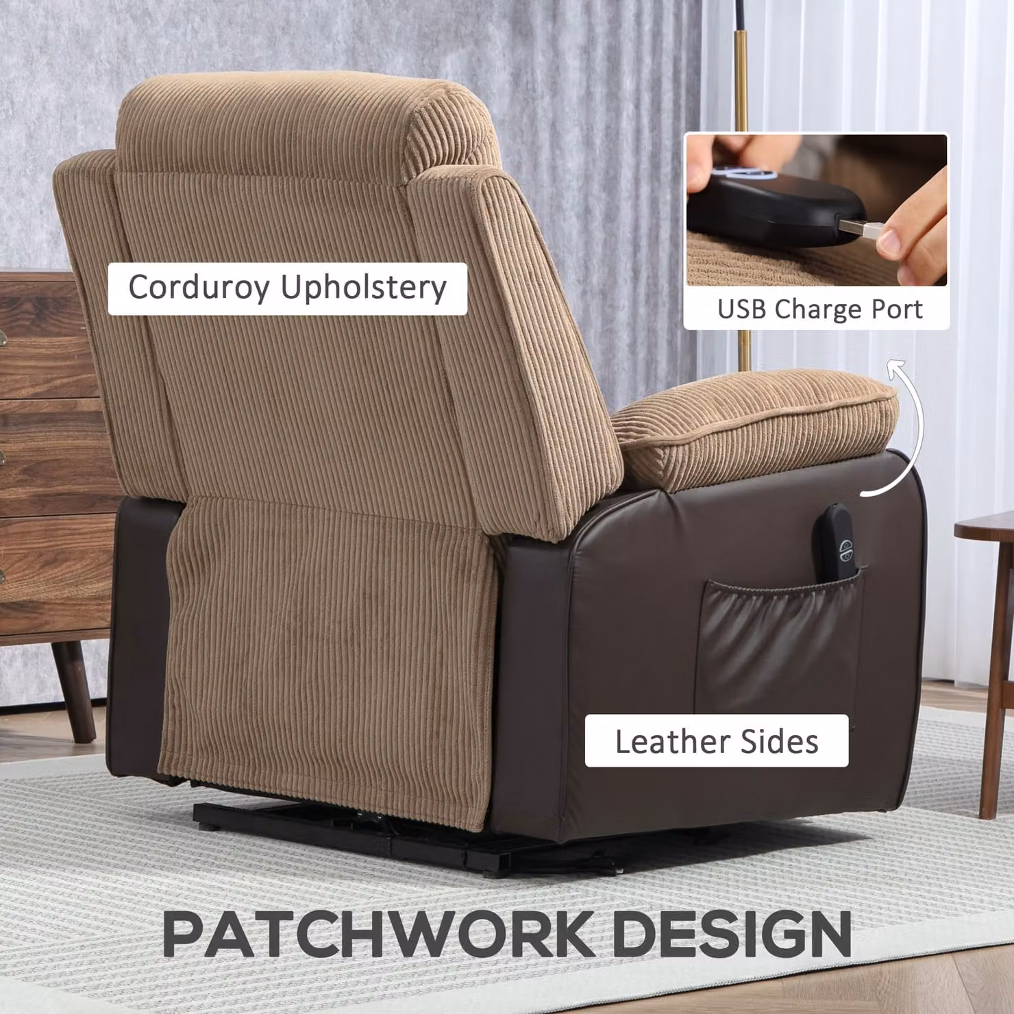 HOMCOM Brown Patchwork Design Oversized Electric Power Lift Recliner Armchair for Seniors – 8