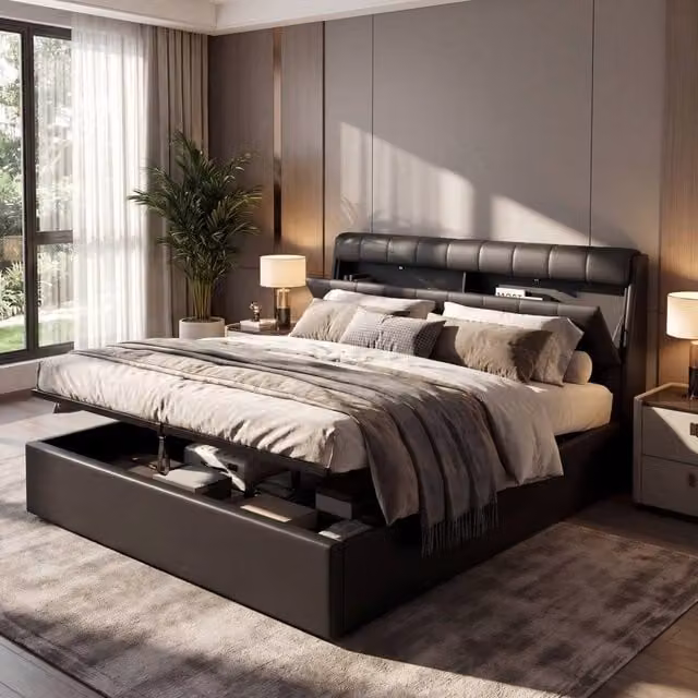 ModernLuxe Upholstered King Size Bed with Hydraulic Storage and Headboard in Black Synthetic Leather W/D/H: 150 x 200 x 50 cm