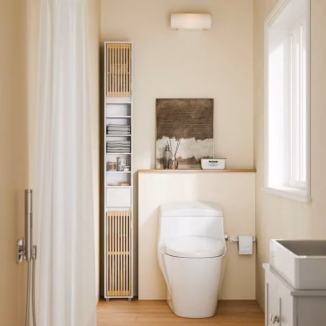 SoBuy Slim Tall Bathroom Cabinet in White MDF with Hinged Doors and Internal Shelves, Height: 180 cm – 1